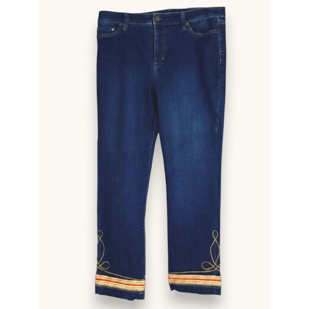 Ralph Lauren Straight Ankle Jeans Dark Wash Gold Embroidery Accents Western Boho